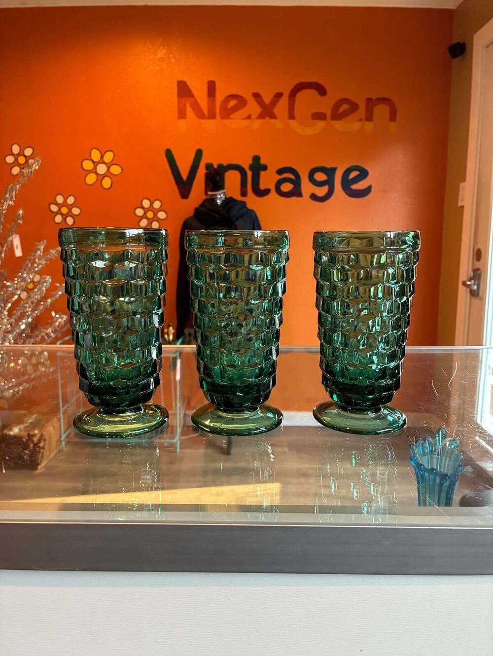 Indiana Glass Vintage Whitehall Teal Footed Glasses Set of 3 MCM Cubist